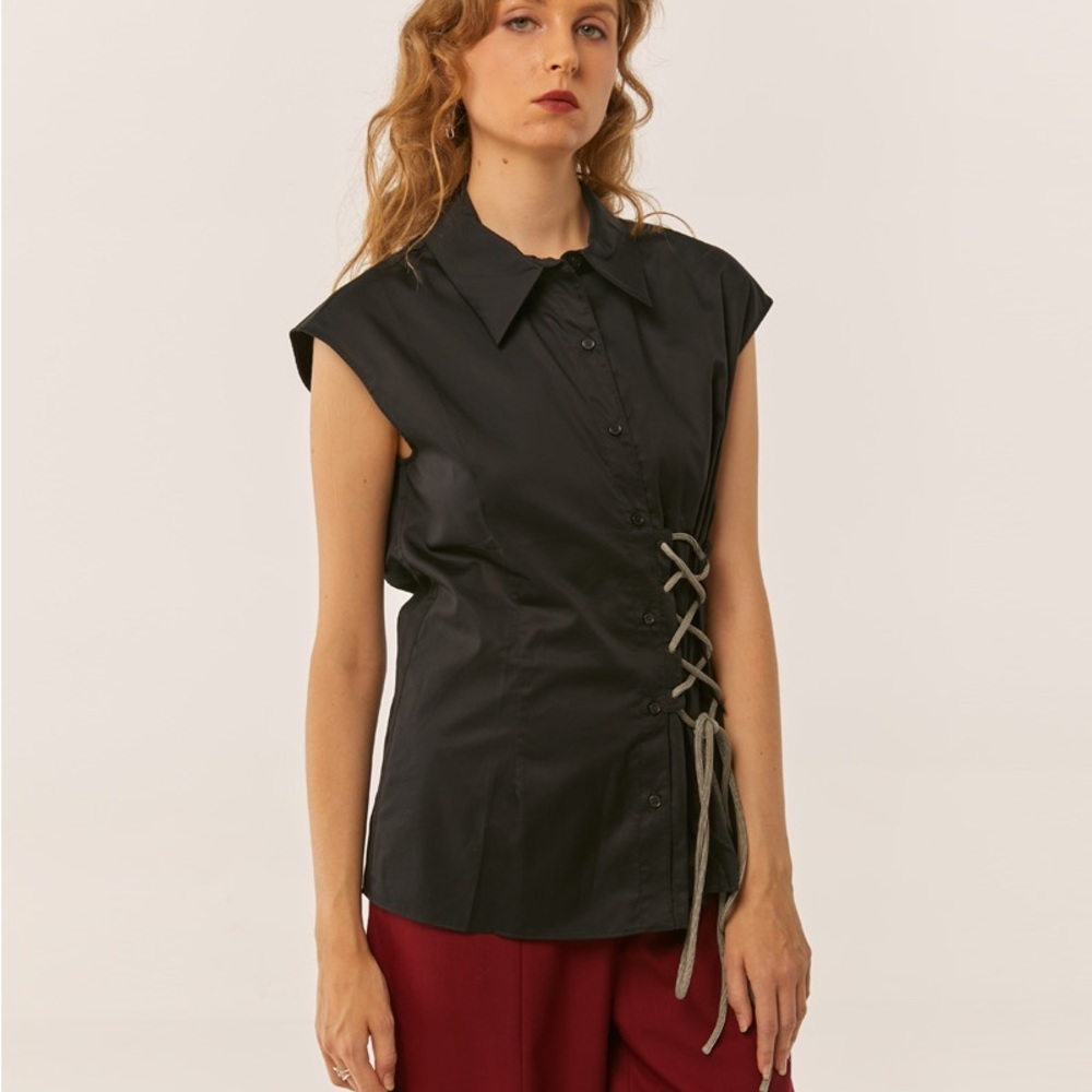 NWT Lattelier Black Bungie Side Tie Blouse XL